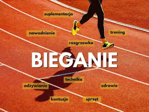 Bieganie angażuje wiele mięśni. Na bieżni widzimy biegacza, a wokół niego hasła: suplementacja, nawodnienie, rozgrzewka, trening, odżywianie, technika, zdrowie, kontuzje, sprzęt.