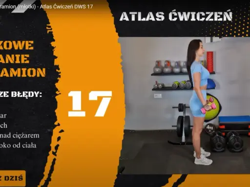 Kobieta wykonuje ćwiczenie młotkowe uginanie przedramion z hantlami. Na ekranie widnieje numer 17 i lista błędów.