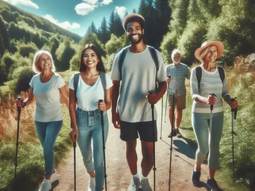 Grupa przyjaciół cieszy się aktywnością na świeżym powietrzu, spalając kalorie podczas nordic walking po malowniczej ścieżce.