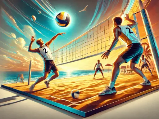 Dynamiczny ostatni serw w siatkówce na plaży. Piłka leci w stronę przeciwnika, a zawodnicy gotowi do akcji.