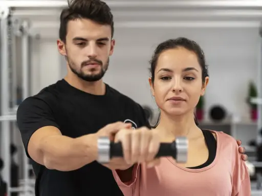 Trening anaerobowy z trenerem. Kobieta ćwiczy z hantlem, mężczyzna koryguje jej ruchy.