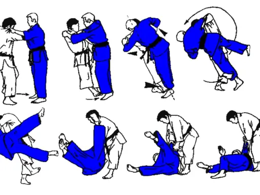 Ilustracje pokazują sekwencję rzutów judo. Jeden z zawodników, ubrany w niebieski strój z czarnym pasem, wykonuje techniki. Widoczny jest żółty pas judo u jednego z zawodników.