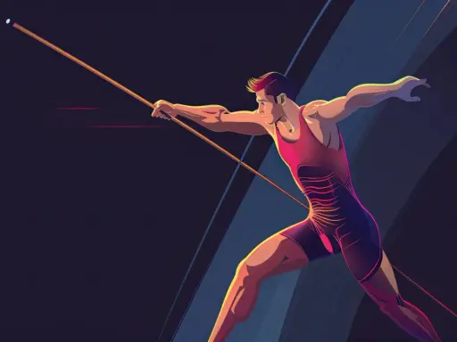 Atletyczny mężczyzna w ruchu, gotowy do rzutu oszczepem. Dynamiczna sylwetka i skupienie na celu.