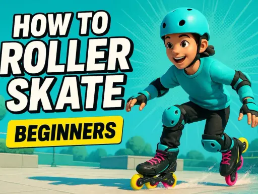 Chłopiec w kasku i ochraniaczach uczy się, jak skręcać na rolkach. Napis "How to Roller Skate Beginners" informuje o temacie.