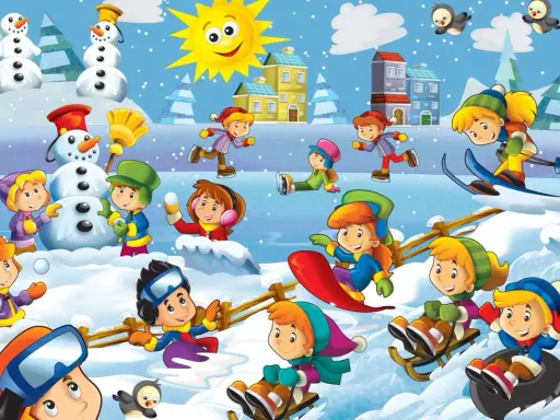 Wesołe dzieci na śniegu budują bałwana, jeżdżą na sankach, nartach i snowboardzie. Słońce świeci, a wokół zimowa kraina.