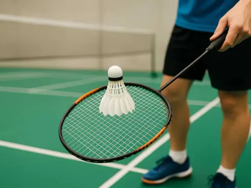 Gracz trzyma rakietę z lotką, gotowy do gry. Poznaj podstawowe badminton zasady, by cieszyć się grą na zielonym korcie.
