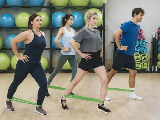 Grupa osób ćwiczy z gumami oporowymi. W tle widać piłki gimnastyczne. To świetny abt trening!