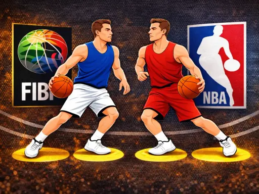 Dwóch koszykarzy, jeden w niebieskim, drugi w czerwonym stroju, przygotowuje się do akcji. Obok nich loga FIBA i NBA. Każdy zawodnik na swoim polu, gotowy do kolejnego gather step.