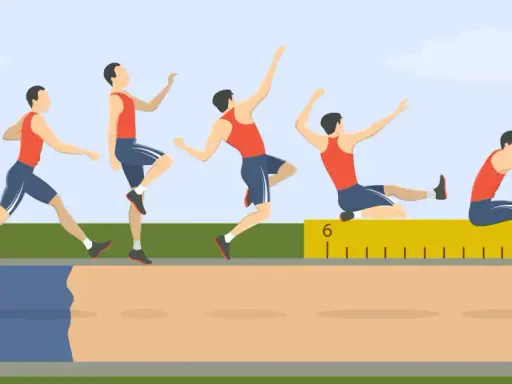 Sekwencja ruchów sportowca podczas skoku w dal. Od rozbiegu, przez wybicie, lot, aż po lądowanie w piaskownicy.