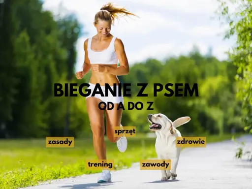 Uśmiechnięta kobieta i jej pies biegną razem. Tekst "Bieganie z psem od A do Z" sugeruje kompleksowy przewodnik po tej aktywności.
