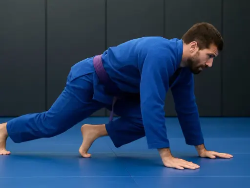 Mężczyzna w niebieskim kimonie z fioletowym pasem wykonuje ćwiczenie przygotowujące do treningu BJJ.