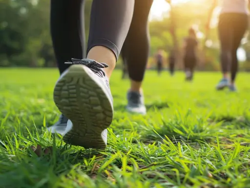 Ludzie uprawiający power walking na trawie w parku, w promieniach słońca.