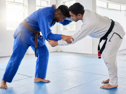 Dwóch mężczyzn w kimonach do BJJ, jeden w niebieskim z brązowym pasem, drugi w białym z czarnym pasem, ćwiczy chwyty.