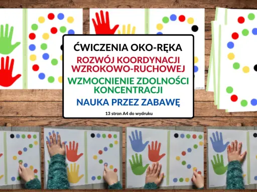 Kolorowe dłonie i kropki na kartach do druku zachęcają do zabaw rytmicznych dla dzieci. Ćwiczenia rozwijają koordynację oko-ręka i koncentrację.