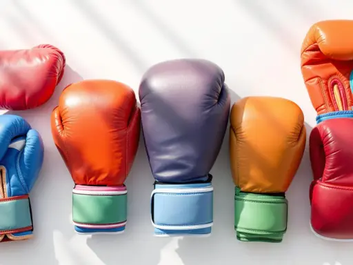 Kolorowe rękawice do kickboxingu ułożone obok siebie. Różowy, niebieski, pomarańczowy, fioletowy, żółty i czerwony sprzęt treningowy.