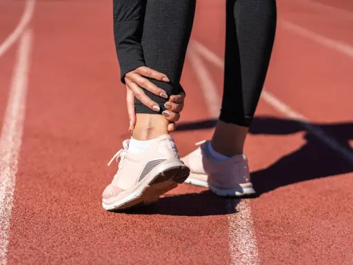 Ból kostki po bieganiu na bieżni. Sportowiec trzyma się za bolącą kostkę, czując dyskomfort.