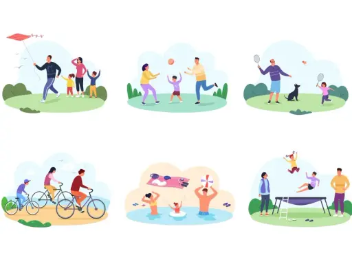 Różnorodne zabawy dla dzieci 9-12 lat na dworze: puszczanie latawca, gra w piłkę, badminton, jazda na rowerze, kąpiel i skakanie na trampolinie.