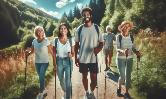 Grupa przyjaciół cieszy się aktywnością na świeżym powietrzu, spalając kalorie podczas nordic walking po malowniczej ścieżce.