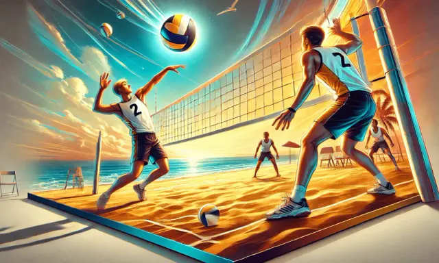 Dynamiczny ostatni serw w siatkówce na plaży. Piłka leci w stronę przeciwnika, a zawodnicy gotowi do akcji.