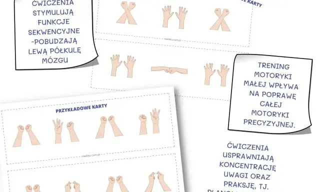 Ilustracje pokazują ćwiczenia dłoni, które usprawniają motorykę człowieka, koncentrację i planowanie ruchu.