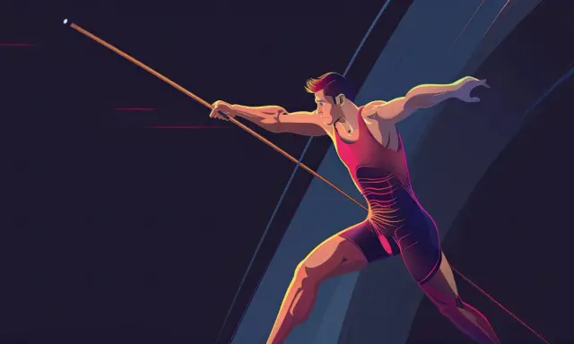Atletyczny mężczyzna w ruchu, gotowy do rzutu oszczepem. Dynamiczna sylwetka i skupienie na celu.