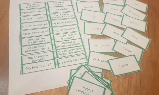 Konspekt ćwiczeń dla osób niewidomych: karty z pytaniami i nazwami (np. "Czy jest to przedmiot?", "Robert Lewandowski").