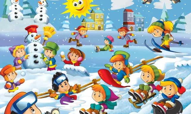 Wesołe dzieci na śniegu budują bałwana, jeżdżą na sankach, nartach i snowboardzie. Słońce świeci, a wokół zimowa kraina.