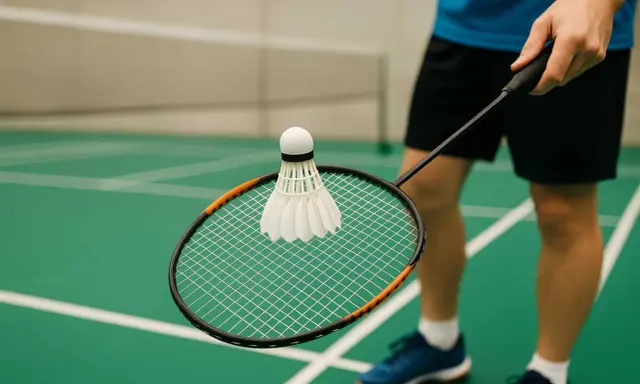 Gracz trzyma rakietę z lotką, gotowy do gry. Poznaj podstawowe badminton zasady, by cieszyć się grą na zielonym korcie.