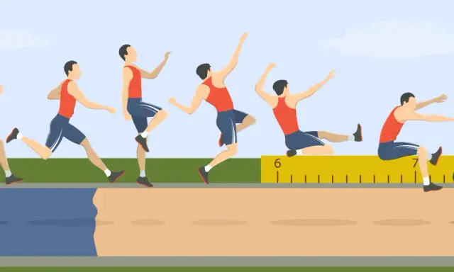 Sekwencja ruchów sportowca podczas skoku w dal. Od rozbiegu, przez wybicie, lot, aż po lądowanie w piaskownicy.