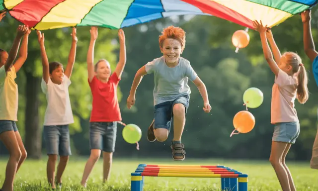 Radosne zabawy animacyjne dla dzieci przykłady: dzieci skaczą przez przeszkody pod kolorowym spadochronem, unosząc balony.