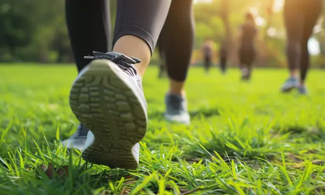 Ludzie uprawiający power walking na trawie w parku, w promieniach słońca.