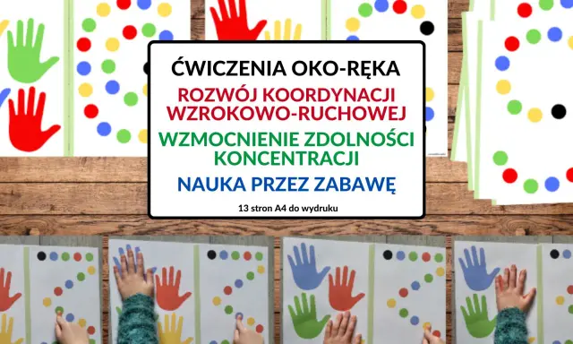 Kolorowe dłonie i kropki na kartach do druku zachęcają do zabaw rytmicznych dla dzieci. Ćwiczenia rozwijają koordynację oko-ręka i koncentrację.