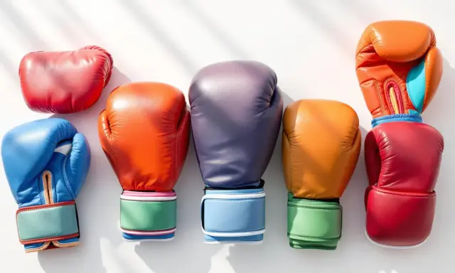 Kolorowe rękawice do kickboxingu ułożone obok siebie. Różowy, niebieski, pomarańczowy, fioletowy, żółty i czerwony sprzęt treningowy.