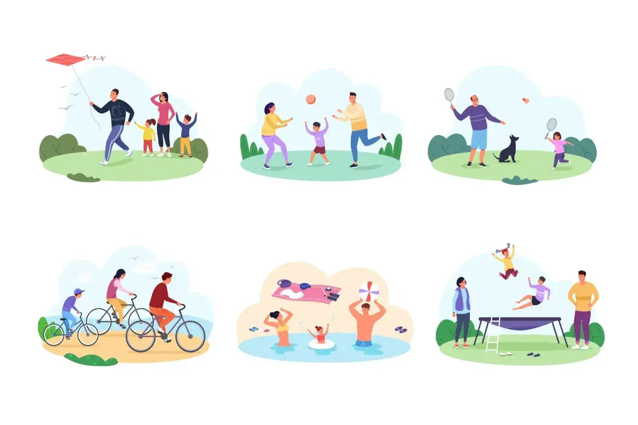 Różnorodne zabawy dla dzieci 9-12 lat na dworze: puszczanie latawca, gra w piłkę, badminton, jazda na rowerze, kąpiel i skakanie na trampolinie.