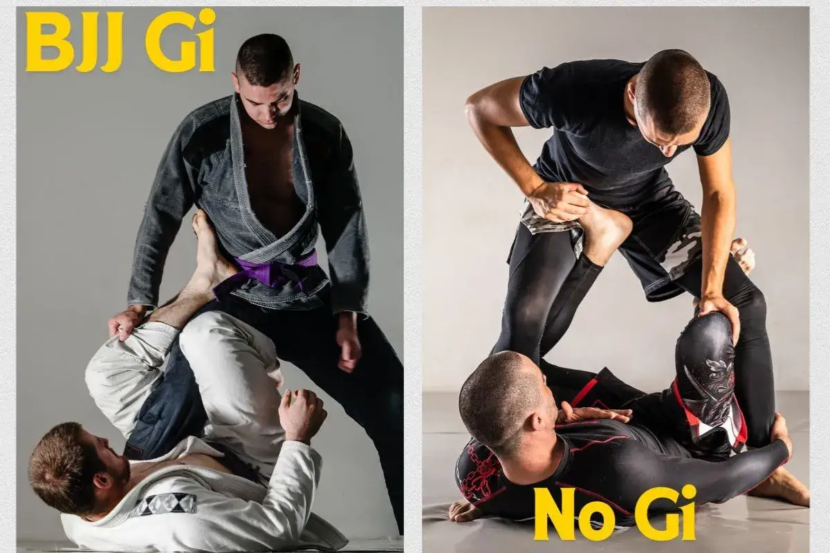 Dwaj mężczyźni trenują brazylijskie jiu jitsu. Na lewym zdjęciu w kimonach, na prawym w rashguardach i spodenkach.