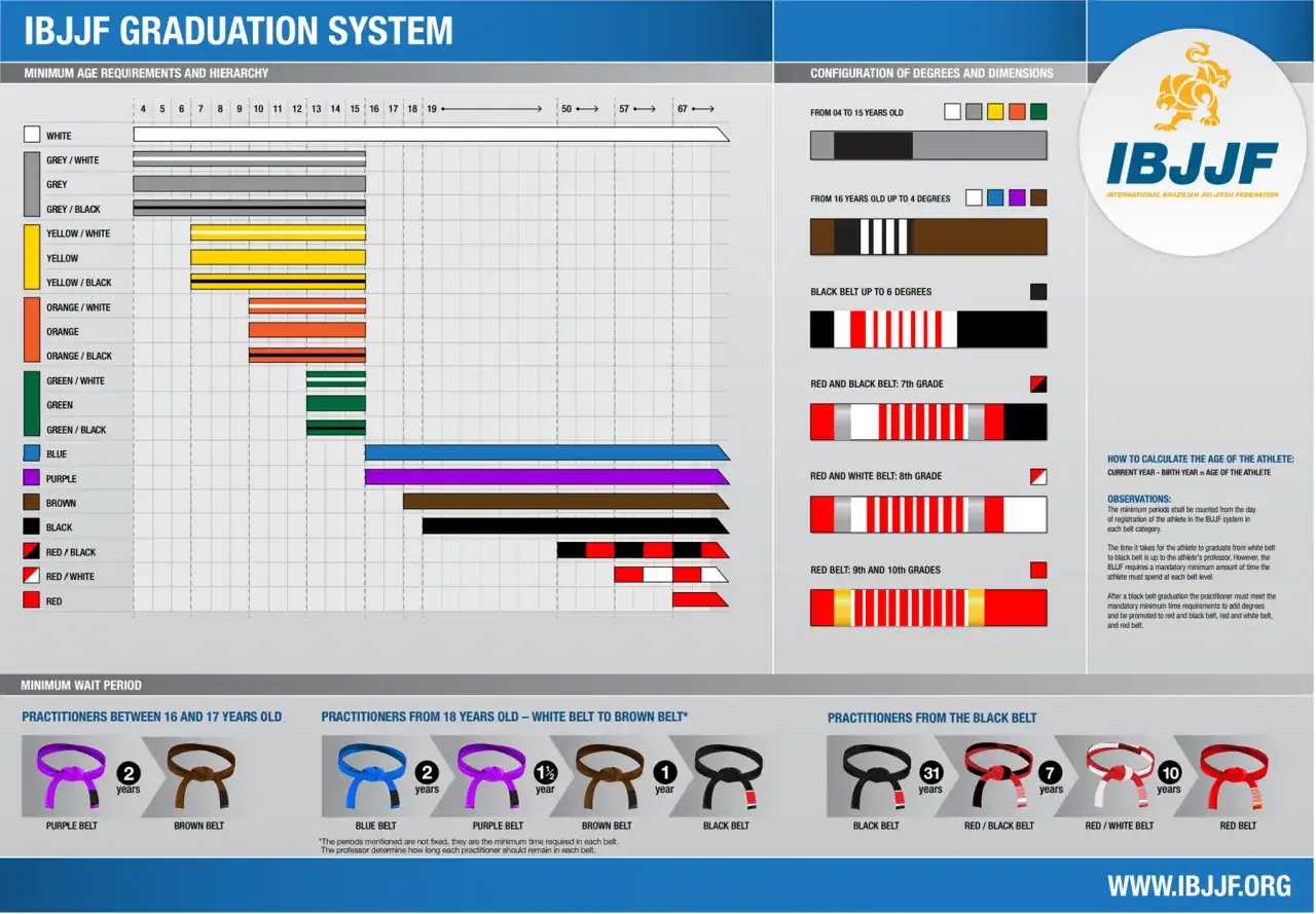 System pasów BJJ dla dzieci i dorosłych, pokazujący wiek i czas oczekiwania na kolejne stopnie.