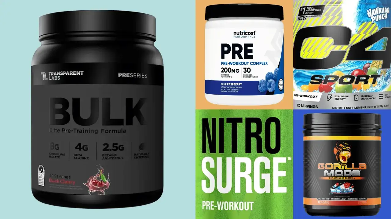 Cztery różne suplementy przedtreningowe: Transparent Labs Bulk, Nutricost PRE, C4 Sport i Gorilla Mode. Zastanawiasz się, co daje przedtreningówka?