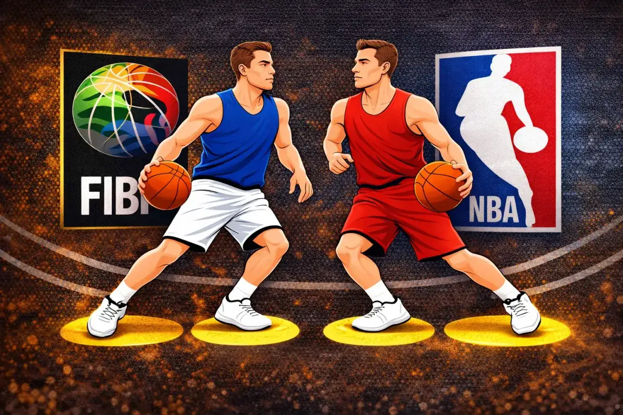 Dw&oacute;ch koszykarzy, jeden w niebieskim, drugi w czerwonym, z piłkami w rękach, stoi naprzeciwko siebie. W tle loga FIBA i NBA. Ile krok&oacute;w można zrobić w koszyk&oacute;wce?