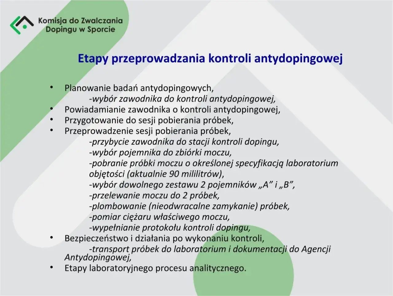 Etapy kontroli antydopingowej: planowanie, powiadamianie, pobieranie pr&oacute;bek (co to jest doping wyjaśnione przez procedury), transport, analiza.