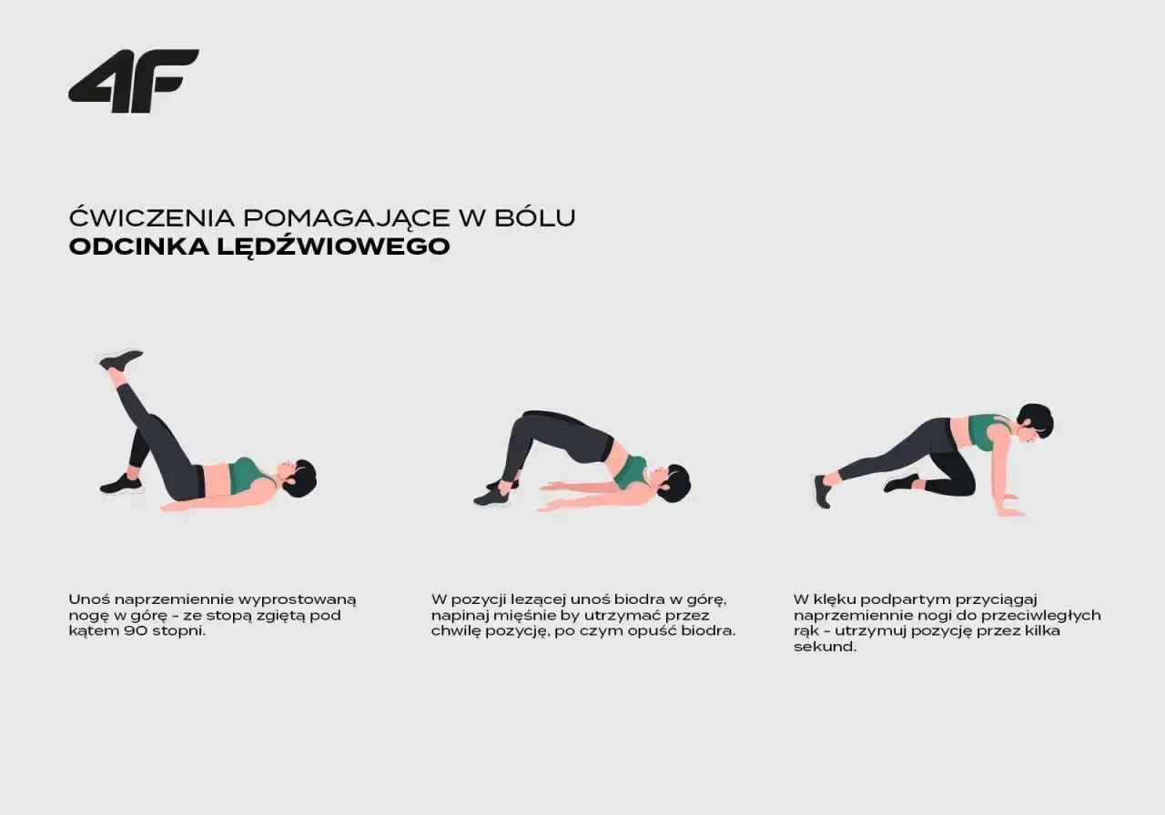 Ćwiczenia na kręgozmyk: unoszenie nóg, mostek, przyciąganie kolan do przeciwległych rąk.