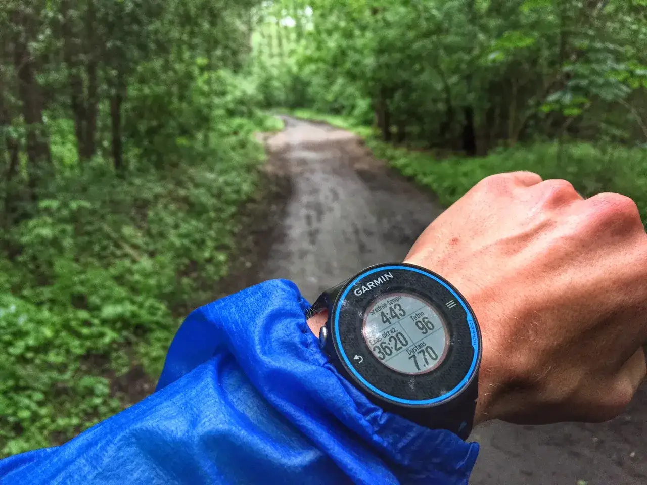 Zegarek Garmin pokazuje średnie tempo biegania 4:43 na leśnej ścieżce.