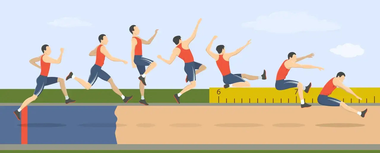 Sekwencja ruchów sportowca podczas skoku w dal, od rozbiegu po lądowanie w piaskownicy.