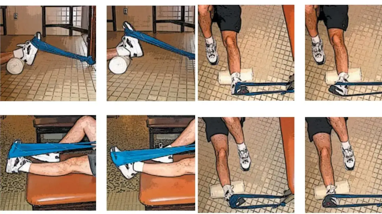 Ćwiczenia z taśmą do domowej rehabilitacji stawu skokowego: zginanie, prostowanie i odwodzenie stopy.