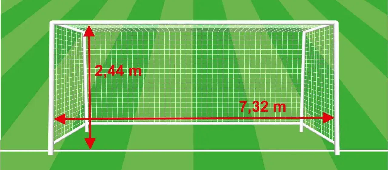 Bramka piłkarska o wymiarach 7,32 m szerokości i 2,44 m wysokości. Pole bramkowe gotowe do gry.