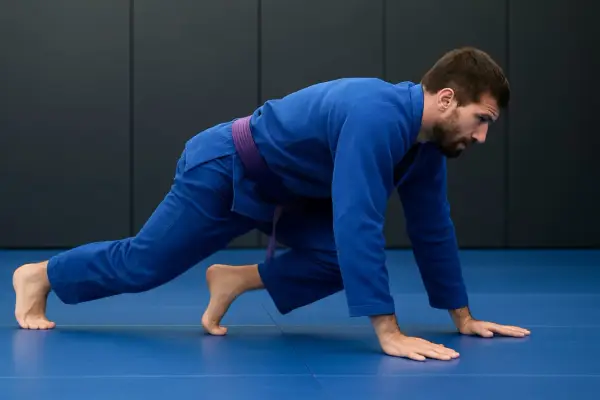 Mężczyzna w niebieskim kimonie z fioletowym pasem wykonuje ćwiczenie przygotowujące do treningu BJJ.